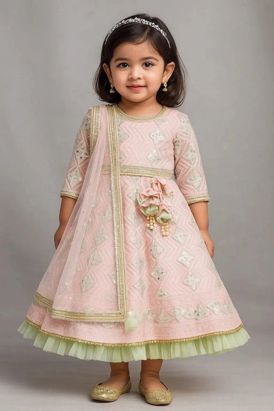 Luxe Pink Gota Green Net Frill Embroidery Anarkali with Net Dupatta for Girls