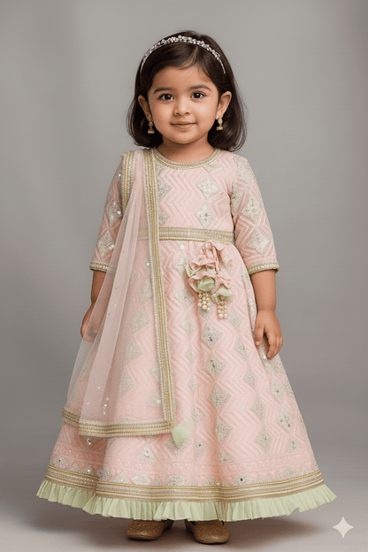 Luxe Pink Gota Green Net Frill Embroidery Anarkali with Net Dupatta for Girls