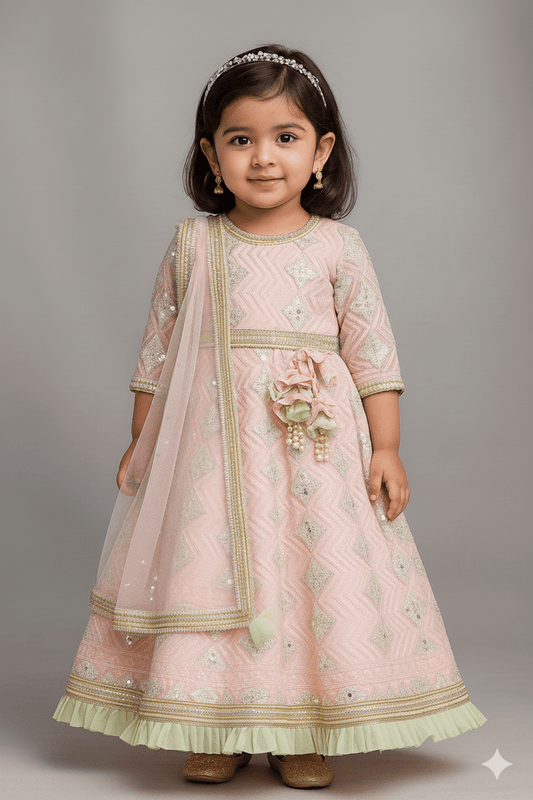 Luxe Pink Gota Green Net Frill Embroidery Anarkali with Net Dupatta for Girls