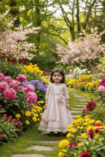 Luxe Pink Gota Green Net Frill Embroidery Anarkali with Net Dupatta for Girls