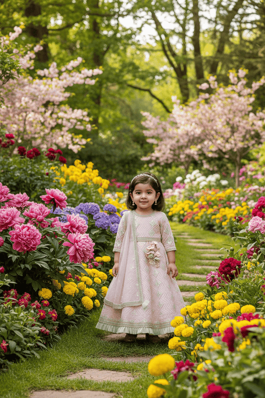 Luxe Pink Gota Green Net Frill Embroidery Anarkali with Net Dupatta for Girls