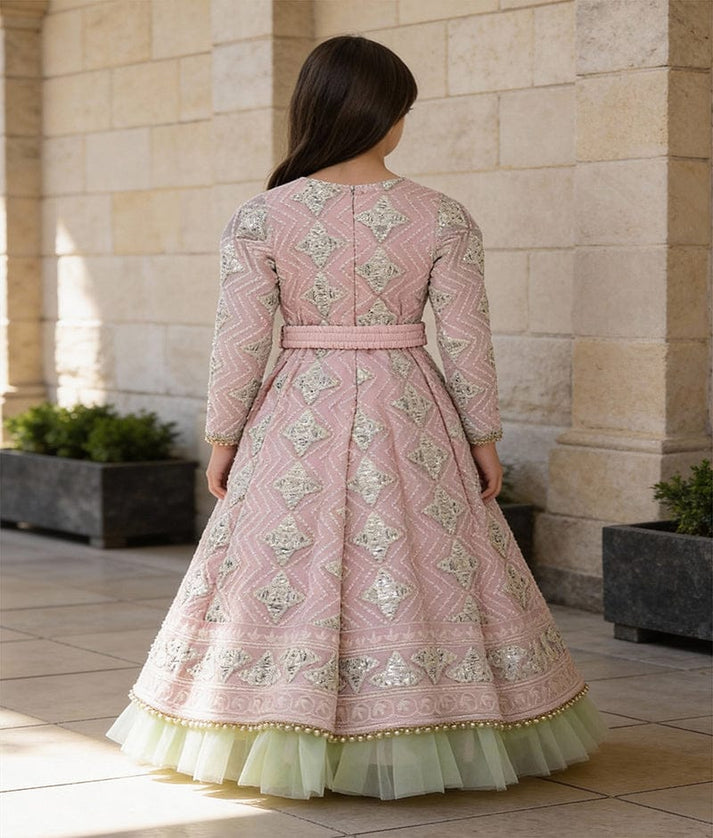 Luxe Pink Gota Green Net Frill Embroidery Anarkali with Net Dupatta for Girls