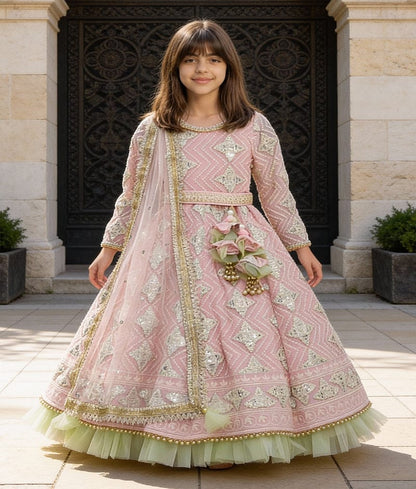 Luxe Pink Gota Green Net Frill Embroidery Anarkali with Net Dupatta for Girls