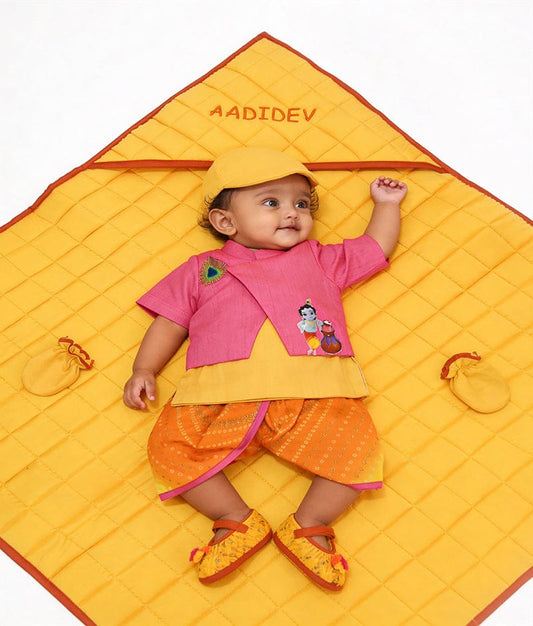 Luxe Pink Jacket Yellow Kurta Jamna Set with Dhoti for Boys