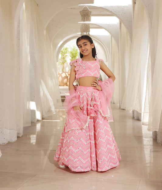 Luxe Pink Mirror Embroidered Lehenga Choli for Girls