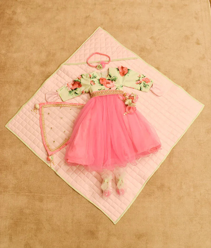 Luxe Pink Net Lehenga with Printed Choli Jamna Set for Girls