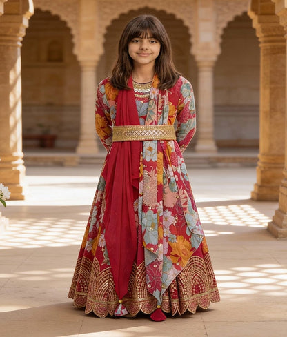 Luxe Pink Printed Anarkali Georgette Dupatta for Girls