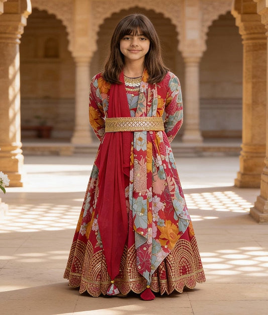 Luxe Pink Printed Anarkali Georgette Dupatta for Girls