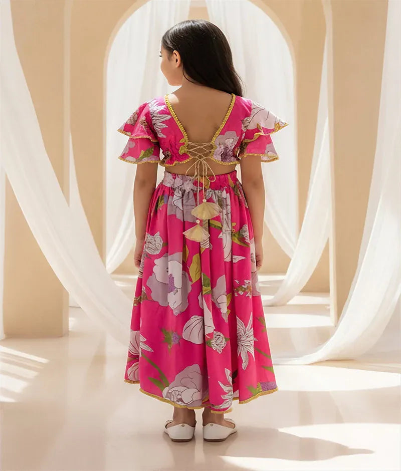 Luxe Pink Printed Top with Lehenga