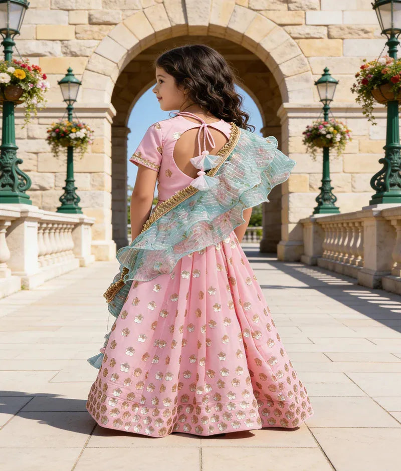 Luxe Pink Sequins Flowers Booti Georgette Lehenga Choli with Dupatta Set for Girls