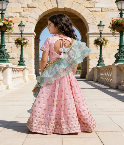 Luxe Pink Sequins Flowers Booti Georgette Lehenga Choli with Dupatta Set for Girls
