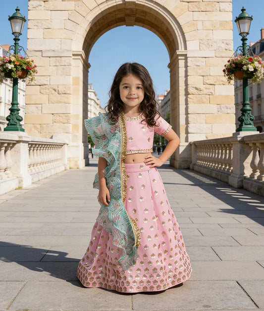 Luxe Pink Sequins Flowers Booti Georgette Lehenga Choli with Dupatta Set for Girls