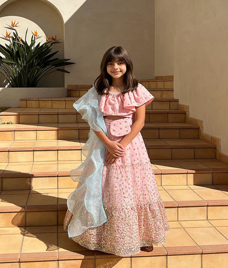 Luxe Pink Sequins Lehenga with Top Blue Organza Dupatta for Girls