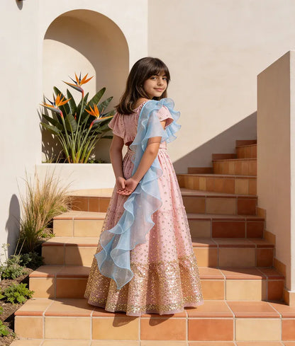 Luxe Pink Sequins Lehenga with Top Blue Organza Dupatta for Girls