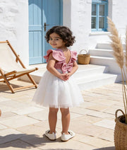 Luxe Pink Shimmer White Glitter Net Frock for Girls