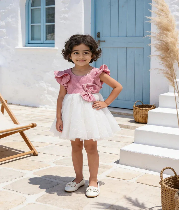 Luxe Pink Shimmer White Glitter Net Frock for Girls