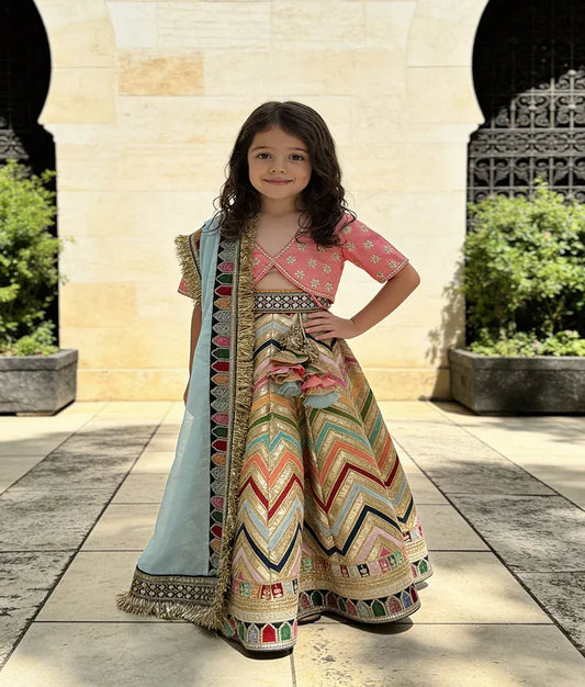 Luxe Pink Silk Embroidery Lehenga with Choli Organza Dupatta for Girls