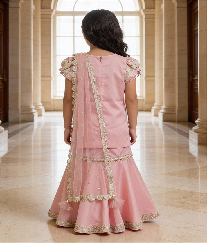 Luxe Pink Silk Embroidery Sharara with Kurti Boti Net Dupatta for Girls