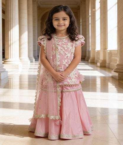 Luxe Pink Silk Embroidery Sharara with Kurti Boti Net Dupatta for Girls