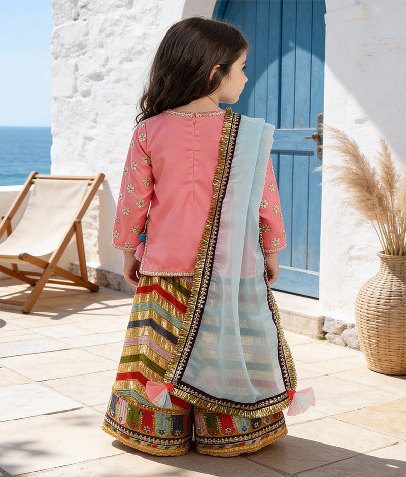 Luxe Pink Silk Embroidery Sharara with Kurti Organza Dupatta for Girls