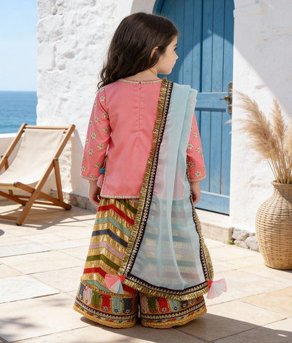 Luxe Pink Silk Embroidery Sharara with Kurti Organza Dupatta for Girls