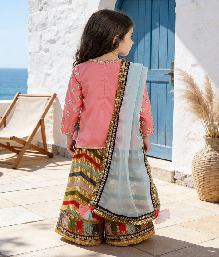 Luxe Pink Silk Embroidery Sharara with Kurti Organza Dupatta for Girls