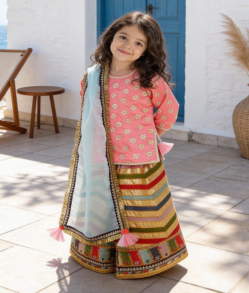 Luxe Pink Silk Embroidery Sharara with Kurti Organza Dupatta for Girls