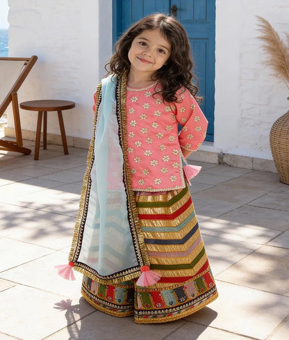 Luxe Pink Silk Embroidery Sharara with Kurti Organza Dupatta for Girls