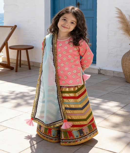 Luxe Pink Silk Embroidery Sharara with Kurti Organza Dupatta for Girls