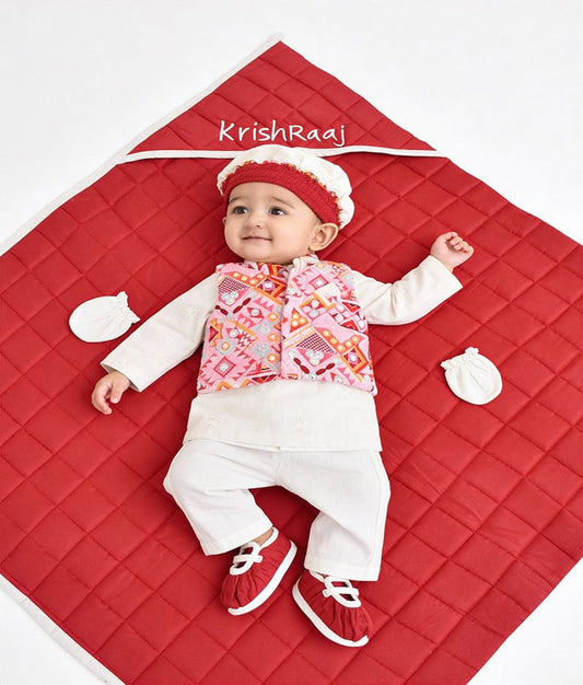 Luxe Pink Thread Embroidery Jacket and self Embroidery Kurta Pant Jamna Set for Boys