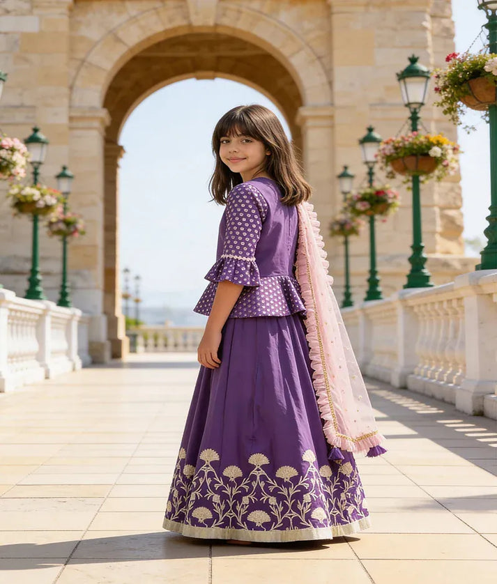 Luxe Purple Embroidery Purple Gota Lehenga with Peplum Choli Boti Net Dupatta for Girls