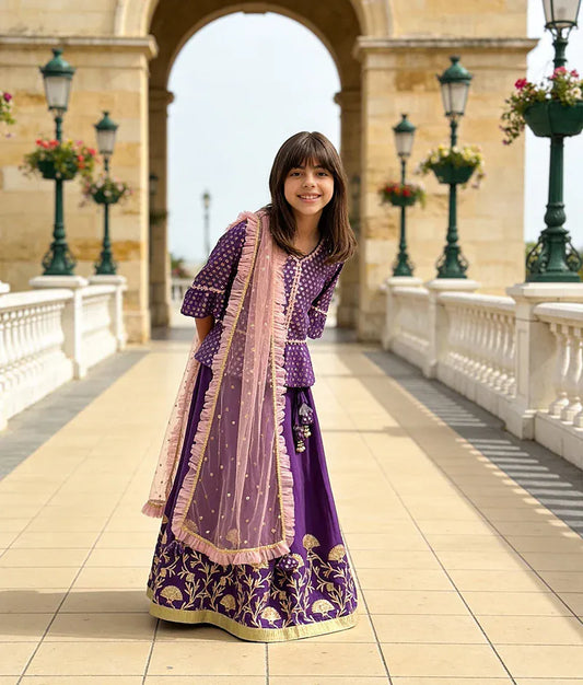 Luxe Purple Embroidery Purple Gota Lehenga with Peplum Choli Boti Net Dupatta for Girls