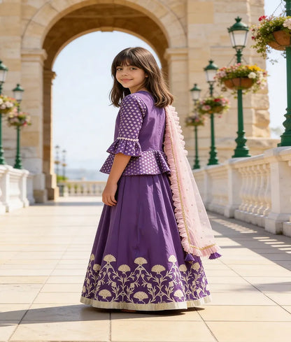 Luxe Purple Embroidery Purple Gota Lehenga with Peplum Choli Boti Net Dupatta for Girls