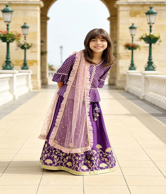 Luxe Purple Embroidery Purple Gota Lehenga with Peplum Choli Boti Net Dupatta for Girls