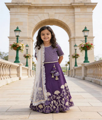 Luxe Purple Gota Embroidery Lehenga with Choli Boti Net Dupatta for Girls