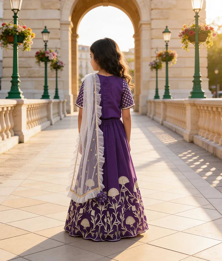 Luxe Purple Gota Embroidery Lehenga with Choli Boti Net Dupatta for Girls