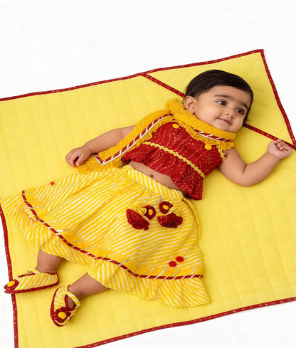 Red Bandhej Choli with Yellow Lehenga Jamna for Girls - Luxe Red Bandhej Choli with Yellow Lehenga Jamna for Girls