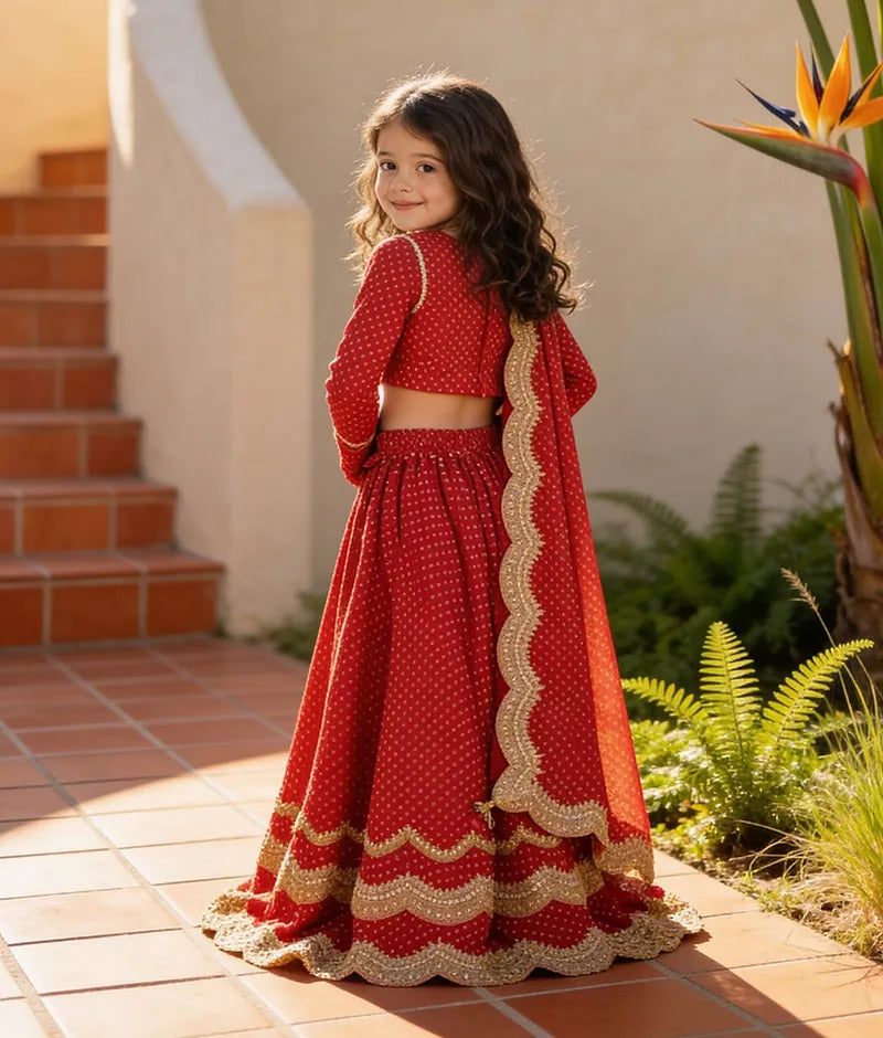 Luxe Red Bandhej Lehenga Choli and Dupatta for Girls