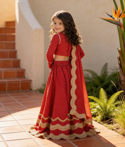 Luxe Red Bandhej Lehenga Choli and Dupatta for Girls