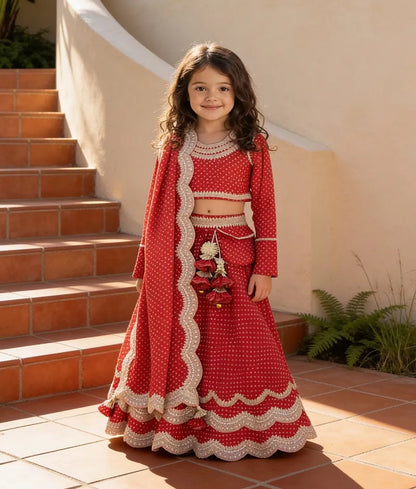 Luxe Red Bandhej Lehenga Choli and Dupatta for Girls