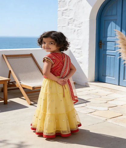 Luxe Red Bandhej Yellow Boti Net Lehenga with Choli Boti Net Dupatta for Girls