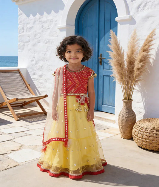 Luxe Red Bandhej Yellow Boti Net Lehenga with Choli Boti Net Dupatta for Girls