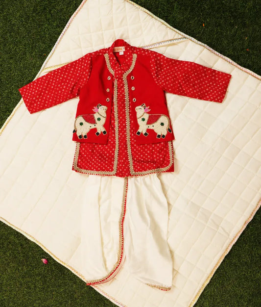 Luxe Red Bhandhej Kurti Dhoti Set
