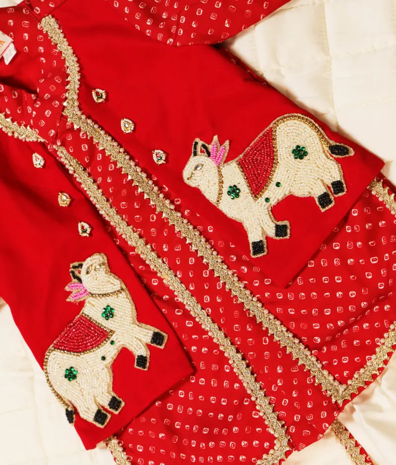 Luxe Red Bhandhej Kurti Dhoti Set