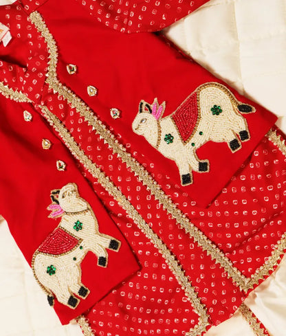 Red Bhandhej Kurti Dhoti Set - Luxe Red Bhandhej Kurti Dhoti Set