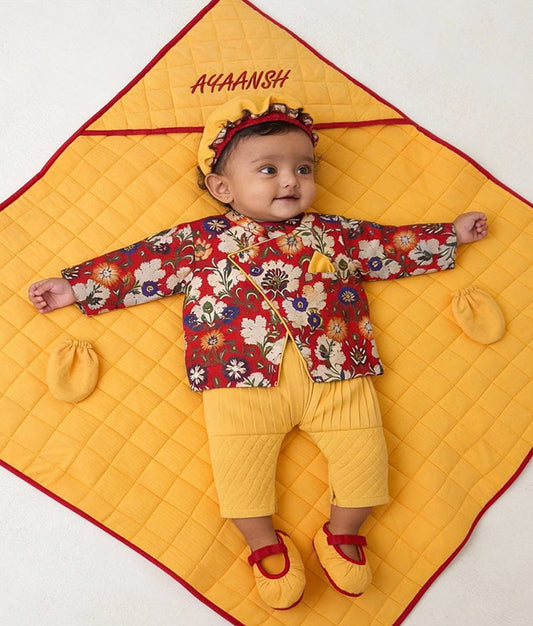 Luxe Red Brocade Ajkan Yellow Pant Jamna Set for Boys