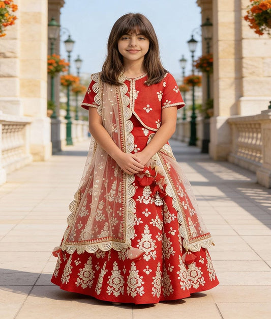 Luxe Red Gota Embroidery Lehenga with Choli Beige Boti Net Dupatta for Girls