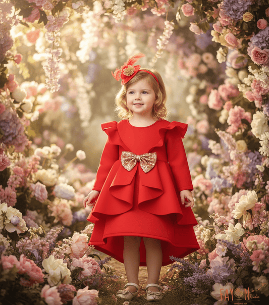 Luxe Red Lace Frock Neoprene Dress Set for Girls
