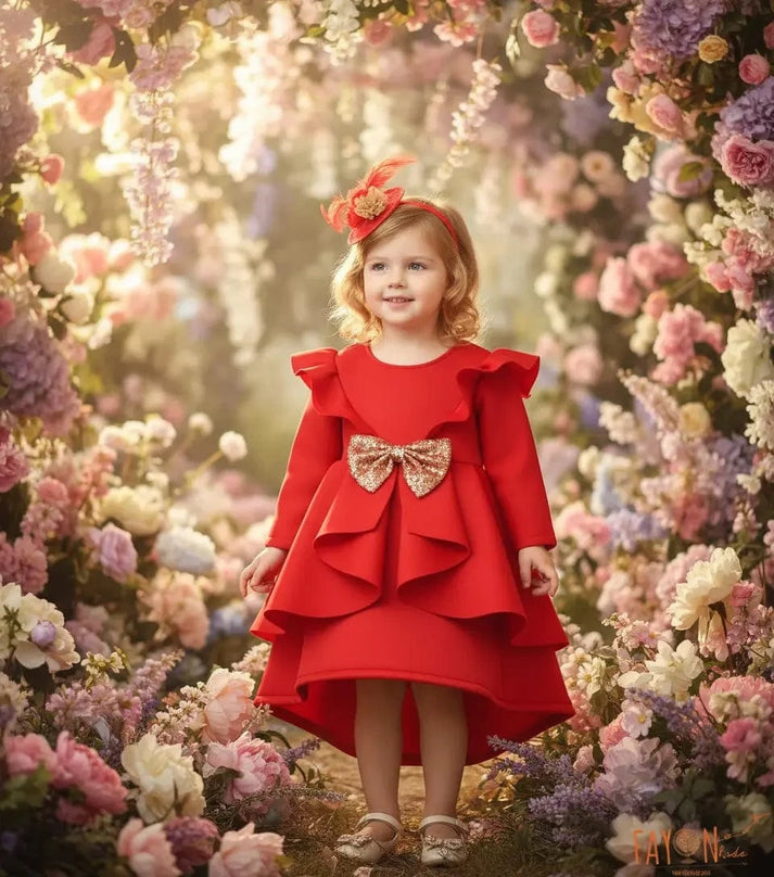 Luxe Red Lace Frock Neoprene Dress Set for Girls