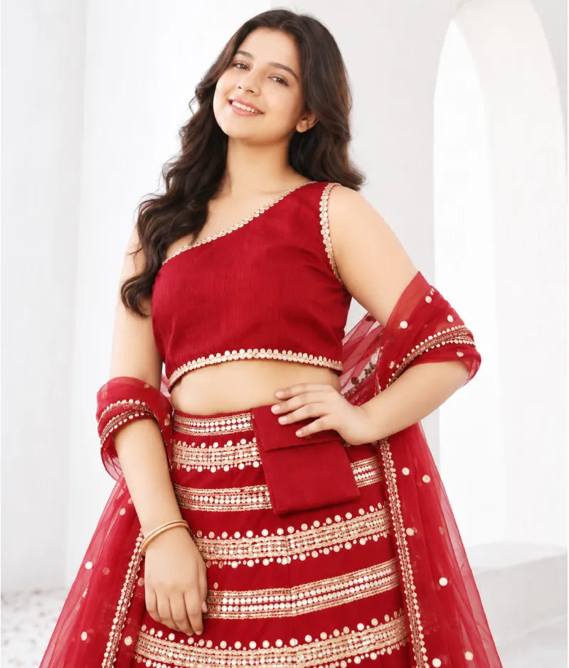 Luxe Red Sequins Lehenga Choli Dupatta for Girls